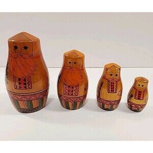 Russian Nesting Dolls 4 Babushka Matryoshka Orange Wooden Old Man Hand Painted